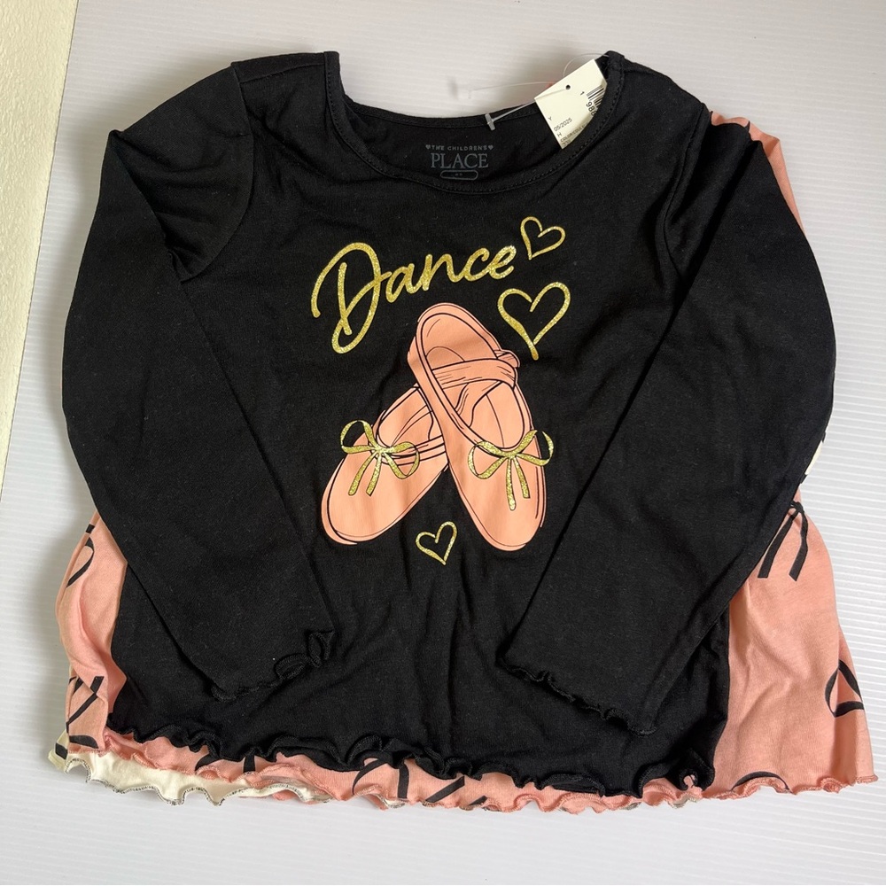 NWT Children's Place 4 pc Black Dance Long Sleeve Shirt with Ballet Shoes Design